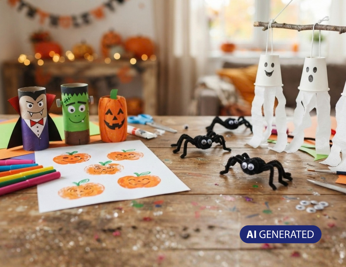 KI generiertes Bild von einem Bastelltisch mit Klopapier-Monster, Kürbisstempel, Krabbelige Pfeifenreiniger-Spinne & Schwebende Becher-Spukis.