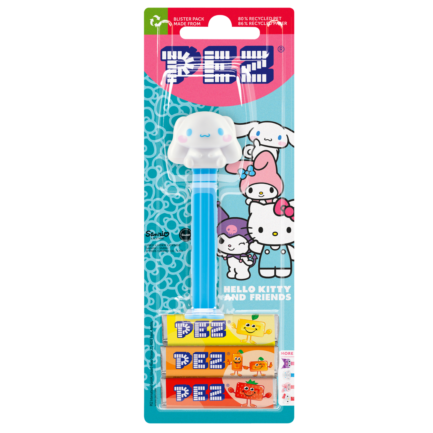 Cinnamoroll-PEZ-Spender mit weißem Hundekopf und blauem Spendergehäuse.