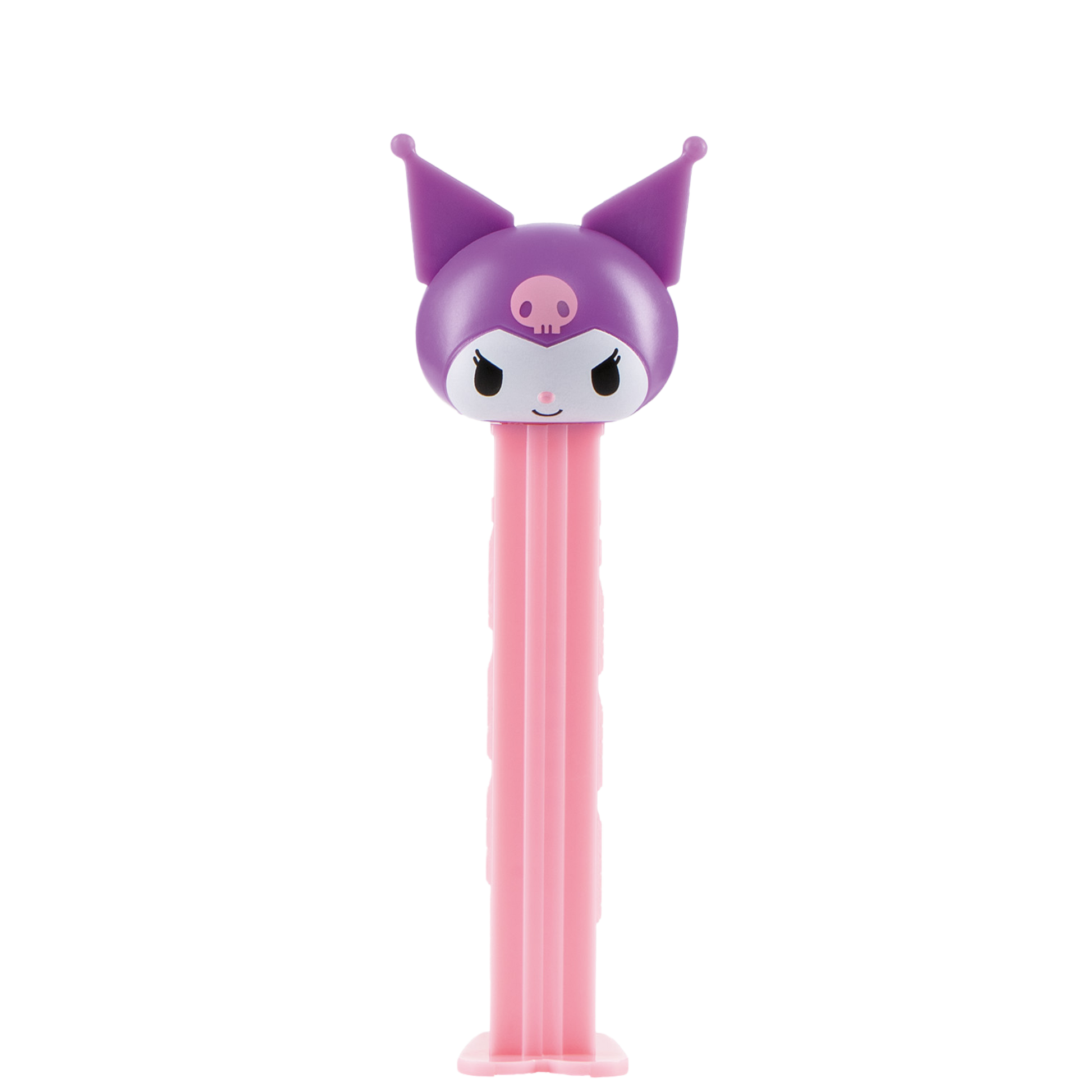 Kuromi-PEZ-Spender mit lila Narrenkopf und rosafarbenem Spendergehäuse.