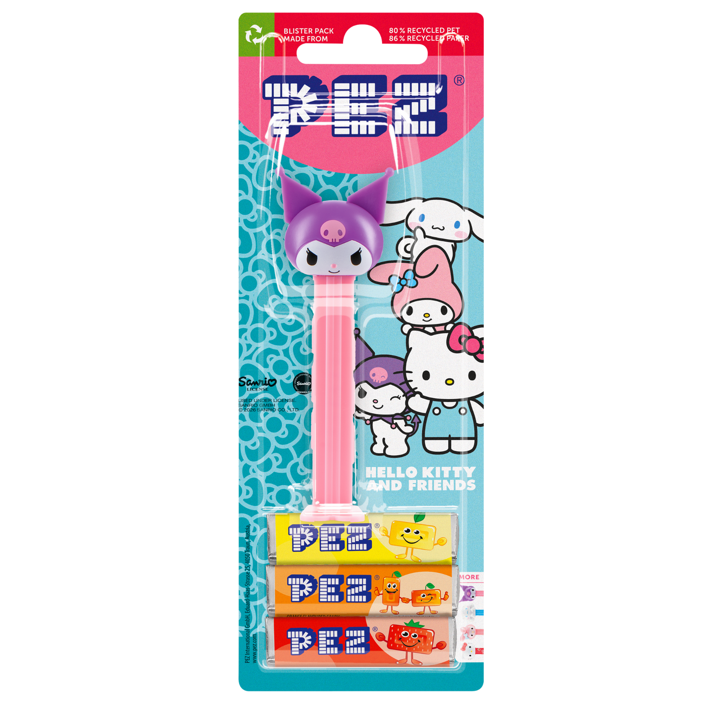 Kuromi-PEZ-Spender mit lila Narrenkopf und rosafarbenem Spendergehäuse.