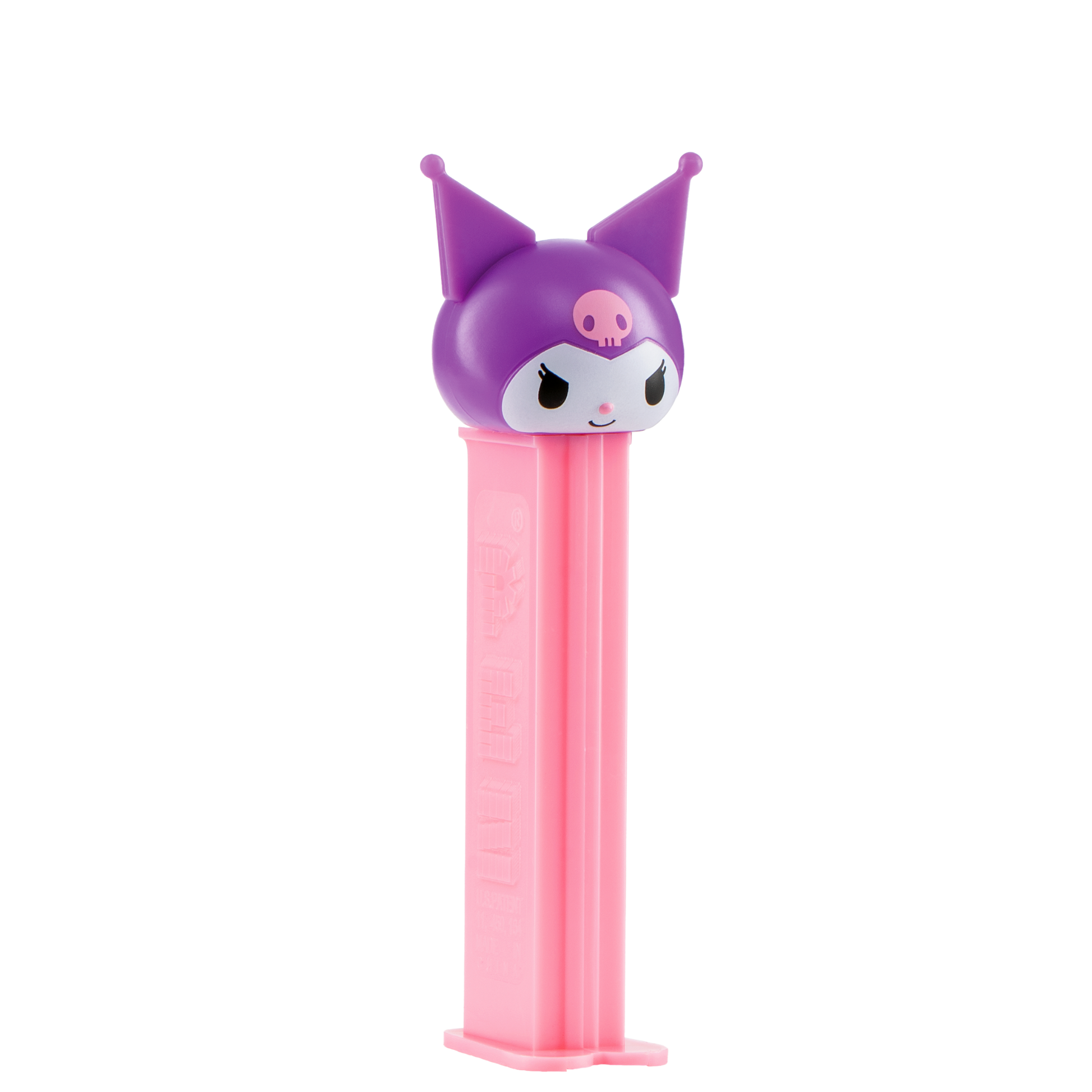 Kuromi-PEZ-Spender mit lila Narrenkopf und rosafarbenem Spendergehäuse.