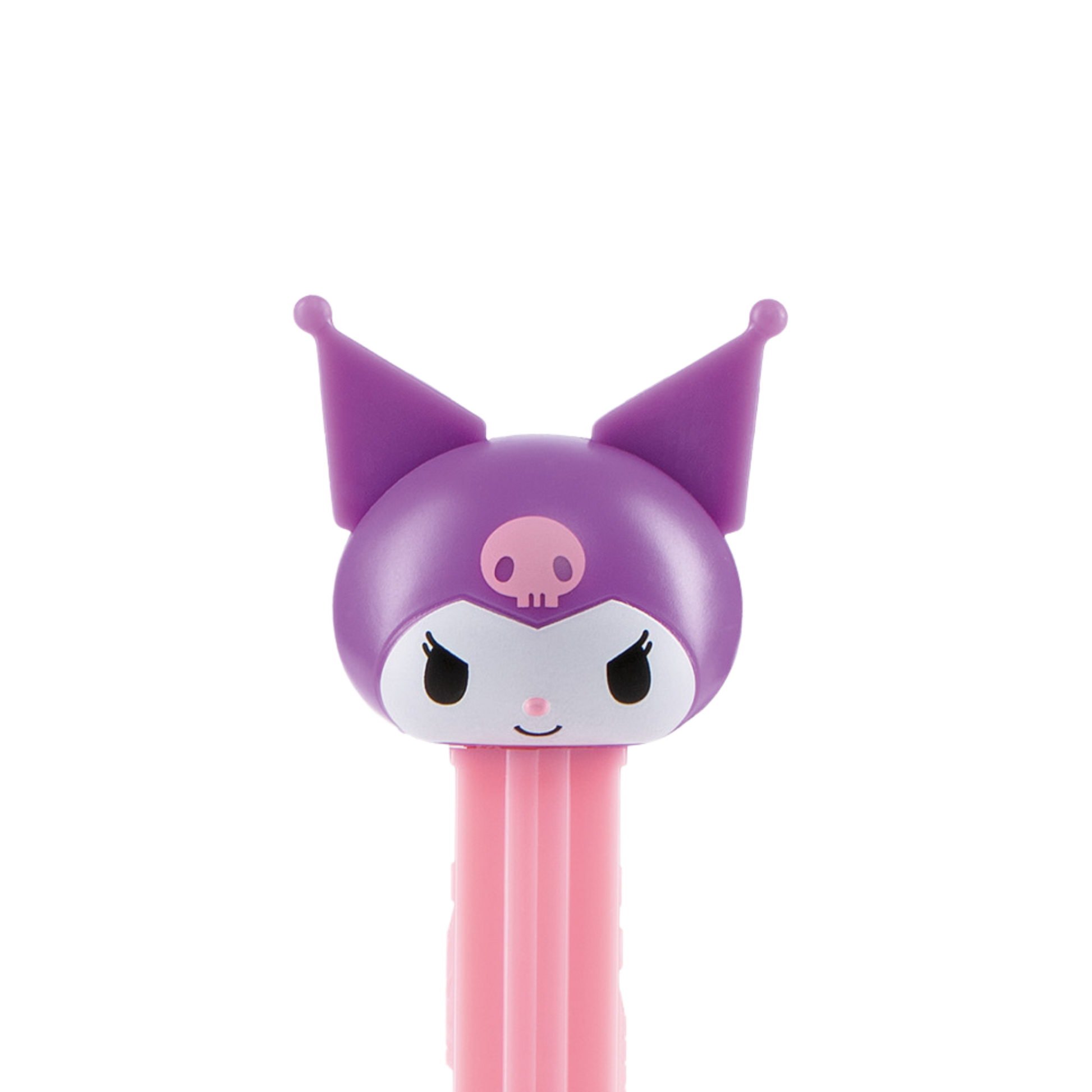 Kuromi-PEZ-Spender mit lila Narrenkopf und rosafarbenem Spendergehäuse.