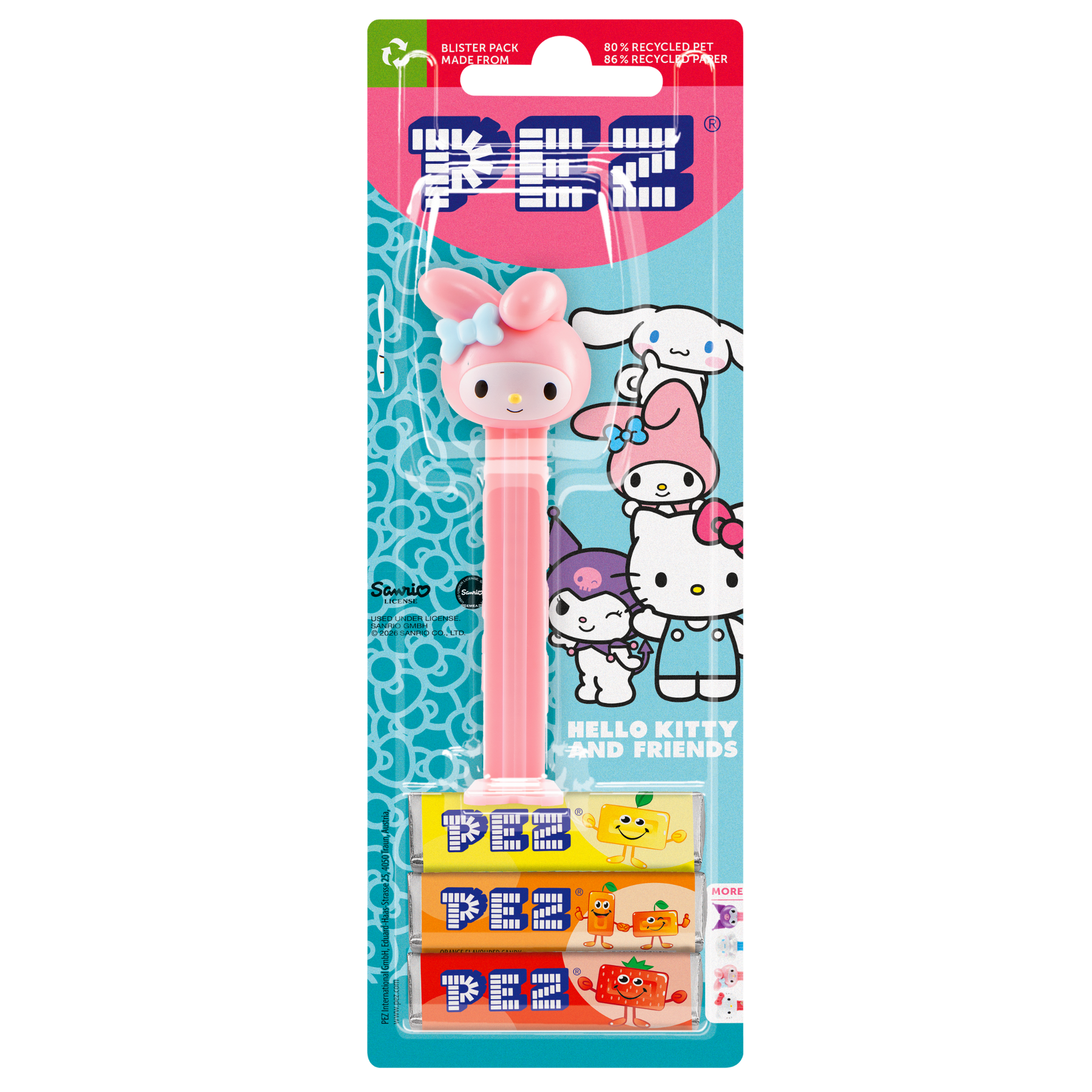 My-Melody-PEZ-Spender mit rosa Hasenkopf und rosafarbenem Spendergehäuse.