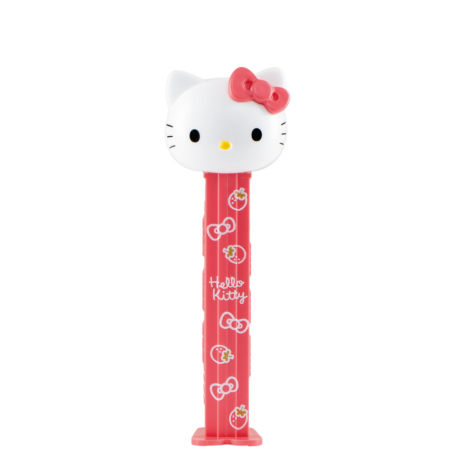 Hello-Kitty-PEZ-Spender mit weißem Katzenkopf und rotem Spendergehäuse.