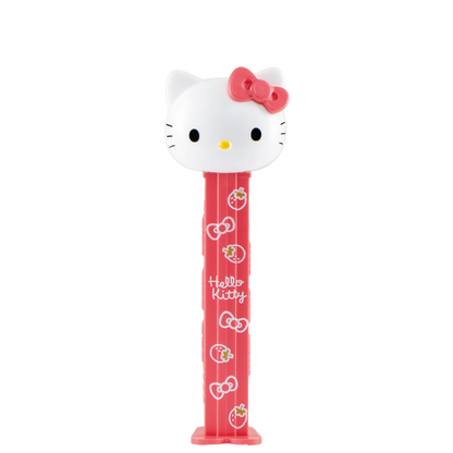 Hello-Kitty-PEZ-Spender mit weißem Katzenkopf und rotem Spendergehäuse.