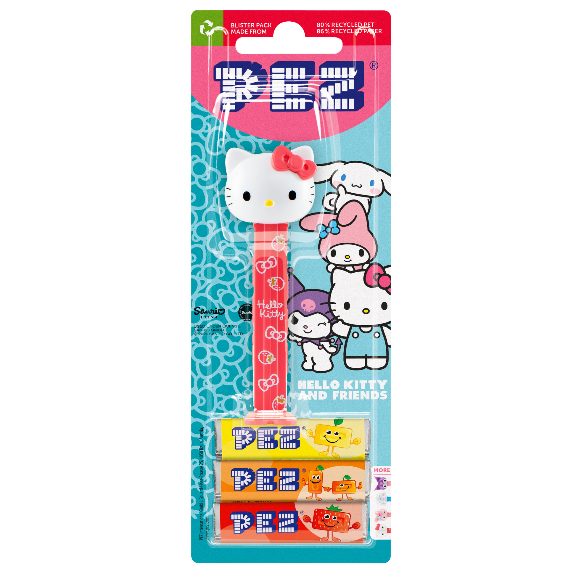 Hello-Kitty-PEZ-Spender mit weißem Katzenkopf und rotem Spendergehäuse.