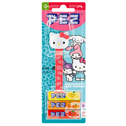 Hello-Kitty-PEZ-Spender mit weißem Katzenkopf und rotem Spendergehäuse.