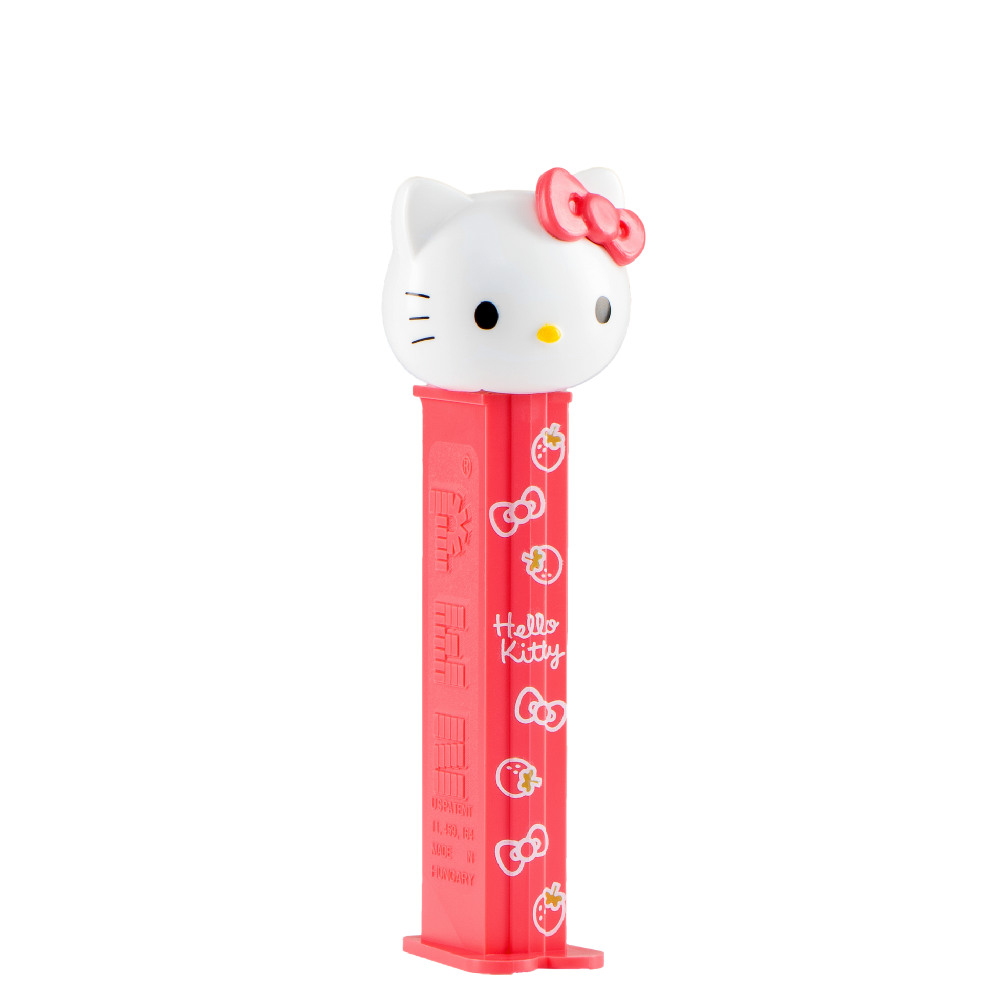 Hello-Kitty-PEZ-Spender mit weißem Katzenkopf und rotem Spendergehäuse.