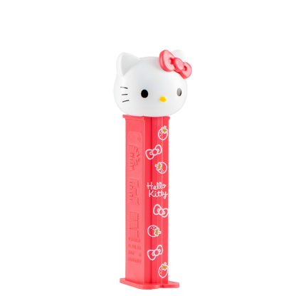 Hello-Kitty-PEZ-Spender mit weißem Katzenkopf und rotem Spendergehäuse.