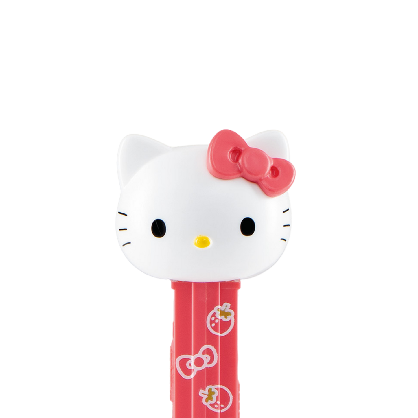 Hello-Kitty-PEZ-Spender mit weißem Katzenkopf und rotem Spendergehäuse.