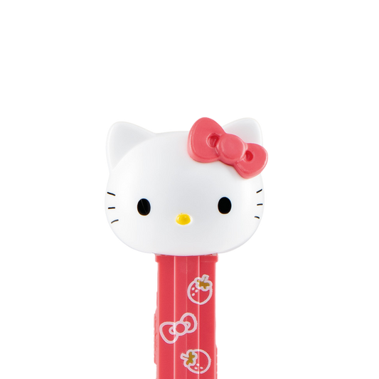 Hello-Kitty-PEZ-Spender mit weißem Katzenkopf und rotem Spendergehäuse.