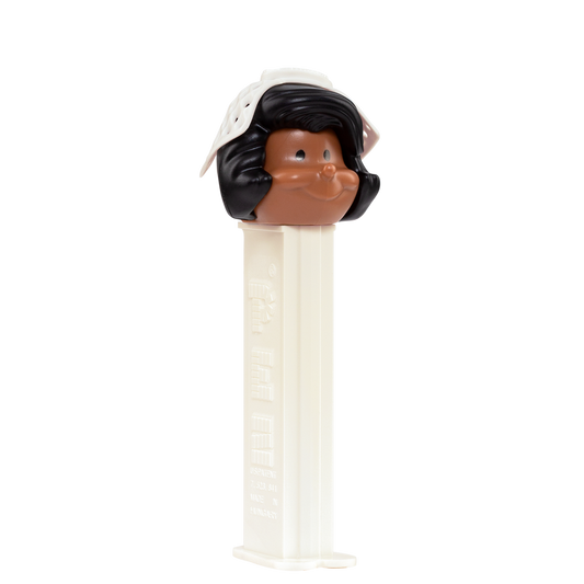 PEZ Braut Spender mit schwarzen Haaren und dunklem Teint, seitliche Ansicht