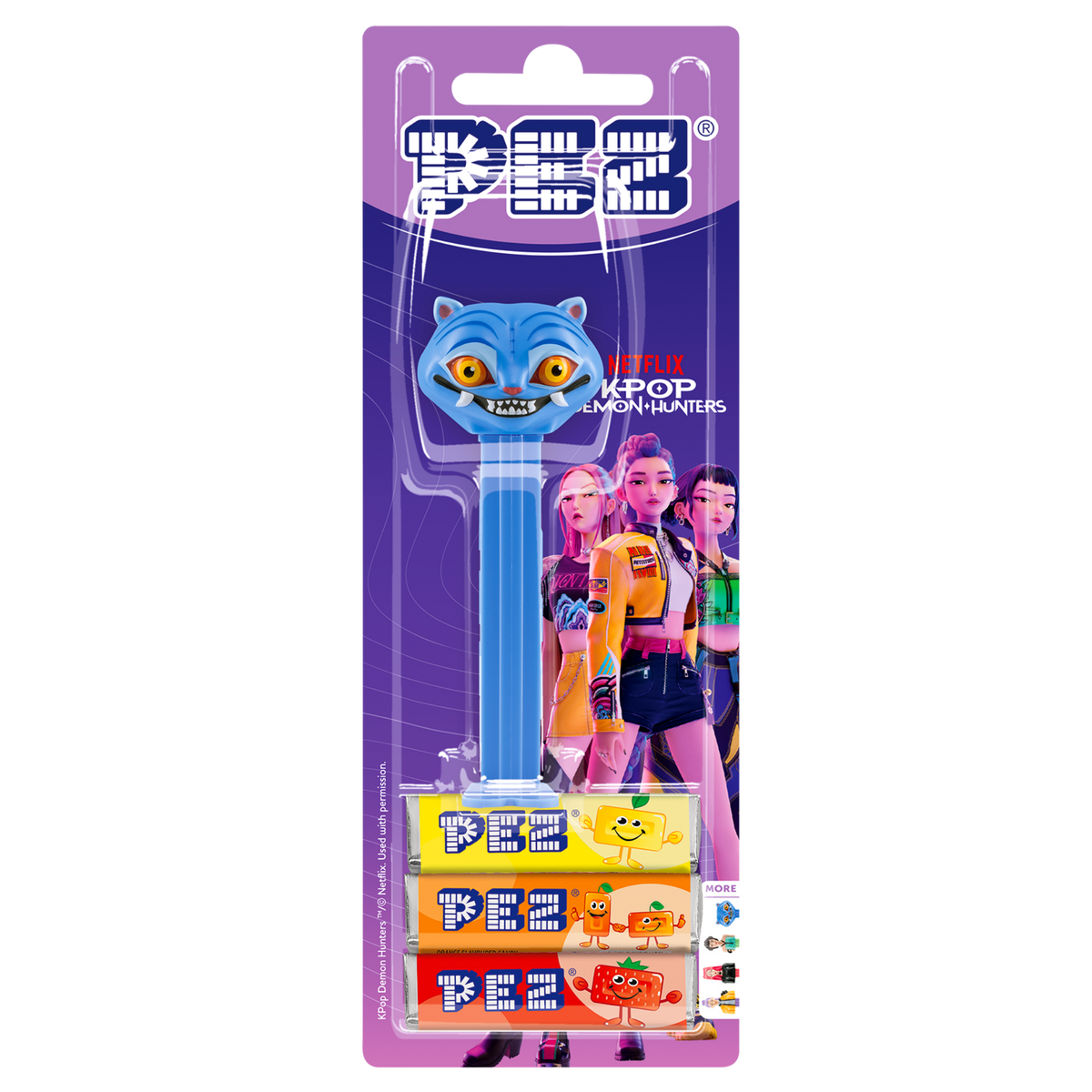 Derpy Tiger PEZ-Spender in Original-Blisterverpackung zusammen mit drei PEZ-Bonbonpackungen.