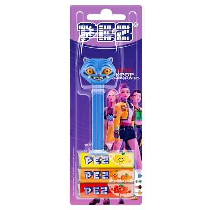 Derpy Tiger PEZ-Spender in Original-Blisterverpackung zusammen mit drei PEZ-Bonbonpackungen.