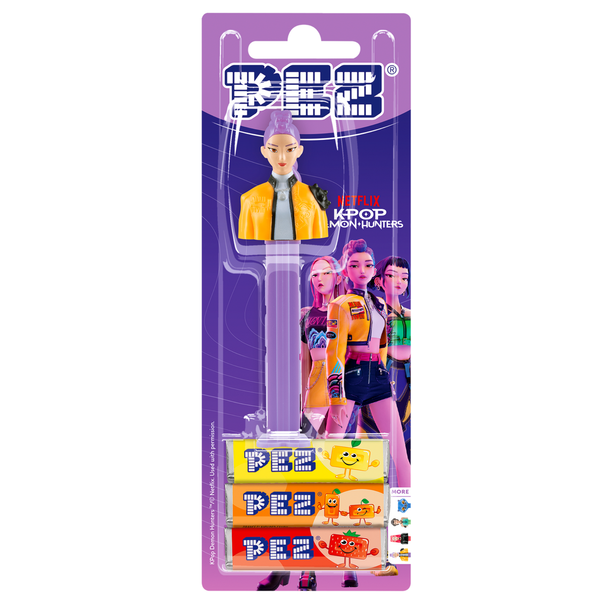 Rumi PEZ-Spender in Originalverpackung mit Bonbon-Packs aus der Serie KPop Demon Hunters.