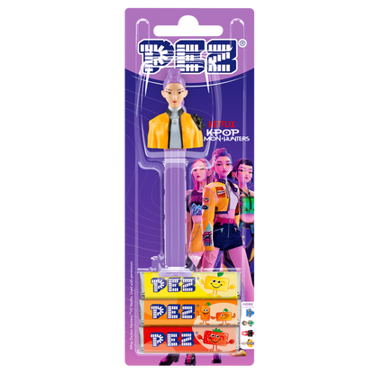 Rumi PEZ-Spender in Originalverpackung mit Bonbon-Packs aus der Serie KPop Demon Hunters.