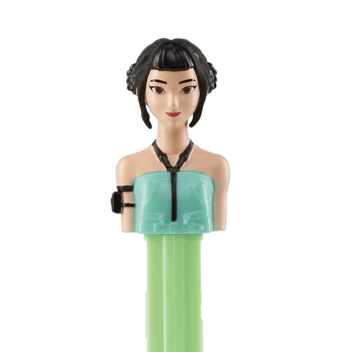 Nahaufnahme des PEZ-Spenders von Zoey aus KPop Demon Hunters mit schwarzem Haar und türkisem Oberteil.