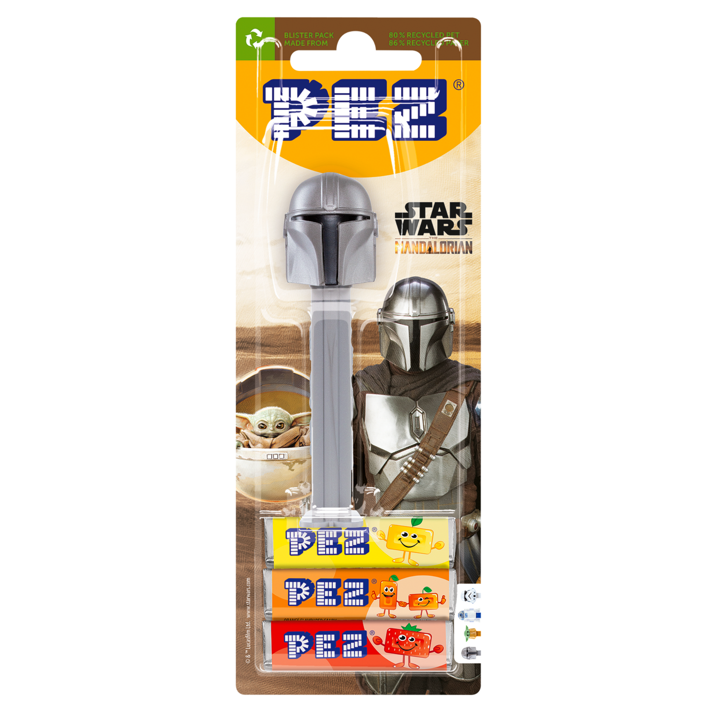 PEZ Spender von Mandalorianer, verpackt zusammen mit PEZ Bonbons