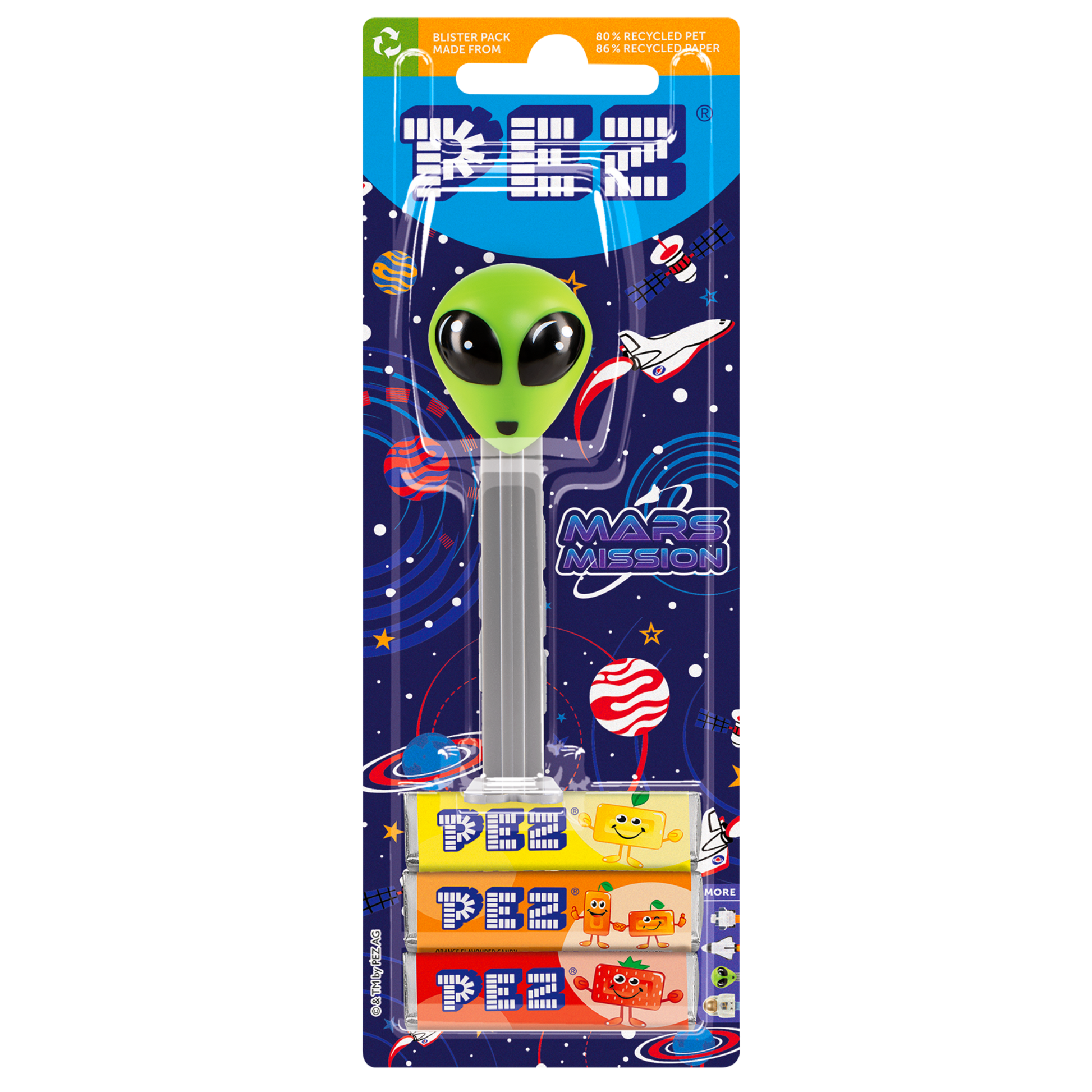 PEZ Spender Alien mit grünem Kopf und  grauer Hülse verpackt
