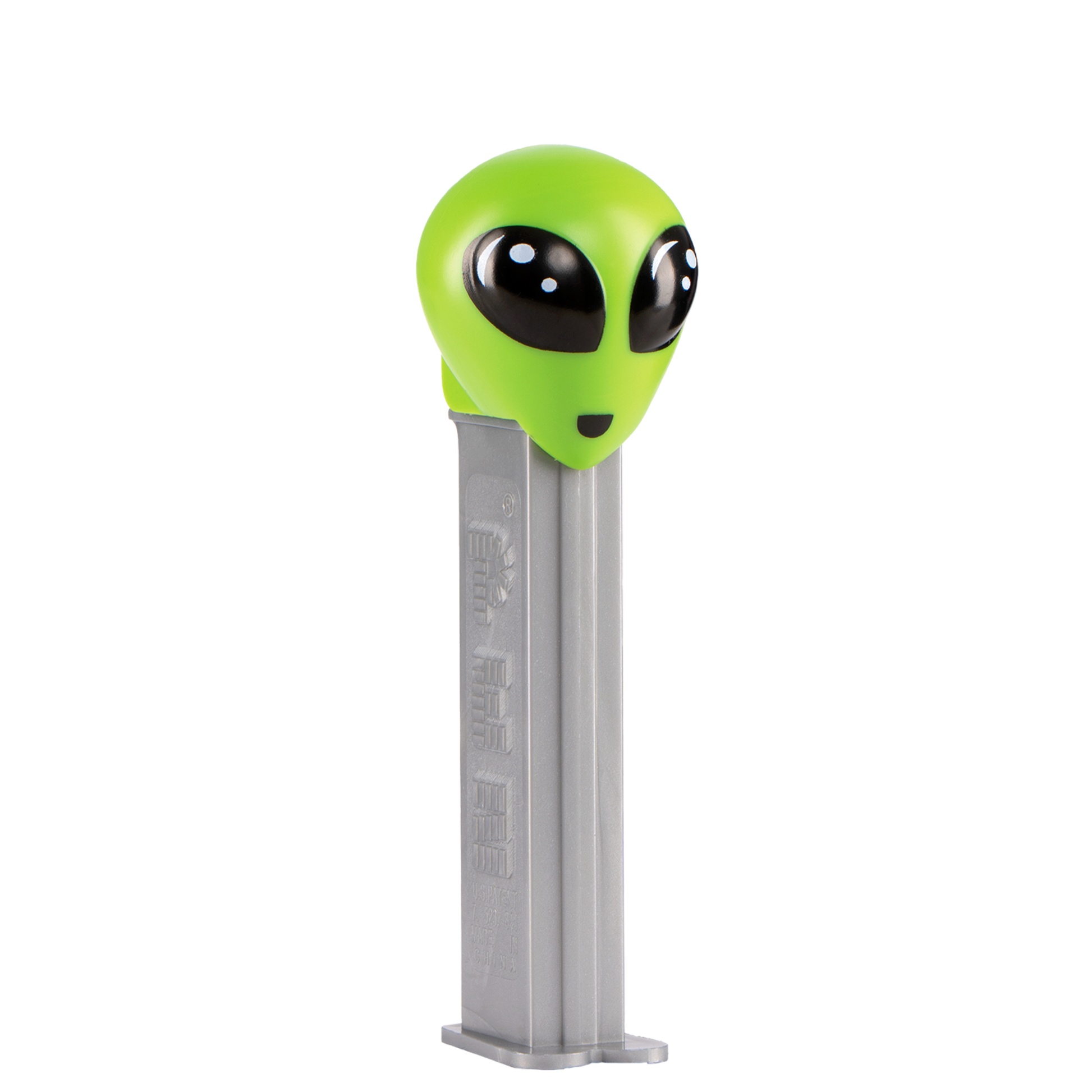 PEZ Spender Alien mit grünem Kopf und  grauer Hülse seitlich