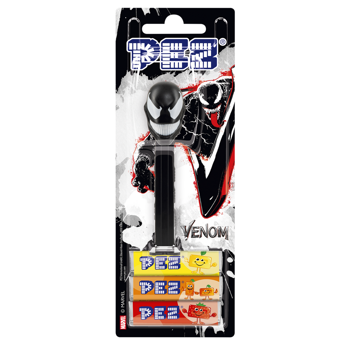 Venom PEZ-Spender in Original-Verpackung mit verschiedenen PEZ-Bonbons.