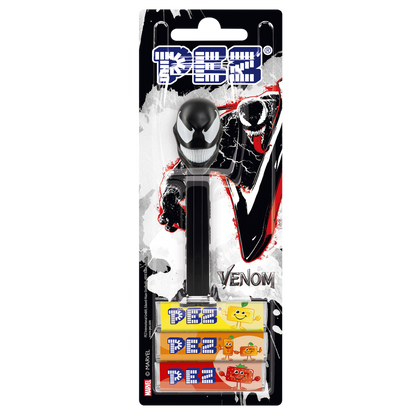 Venom PEZ-Spender in Original-Verpackung mit verschiedenen PEZ-Bonbons.