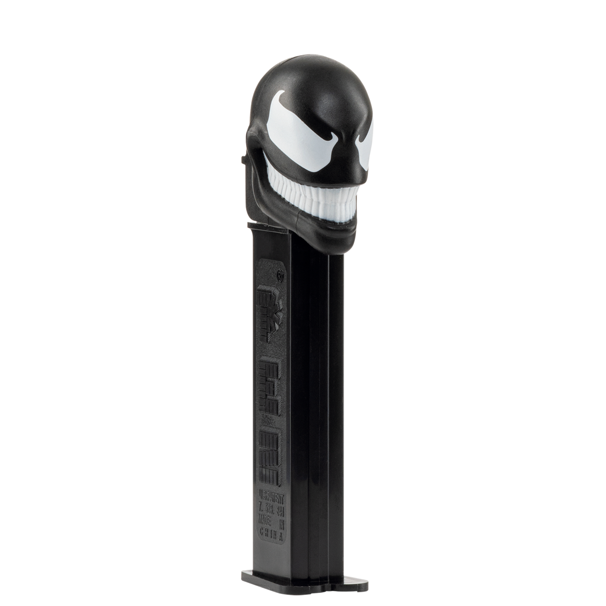 PEZ-Spender von Venom aus dem Marvel-Universum in seitlicher Profilansicht.