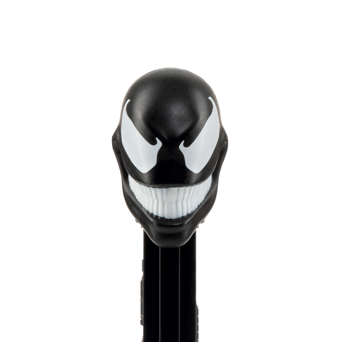 Nahaufnahme des PEZ-Spenders von Venom mit schwarzem Kopf, weißen Augen und spitzer Zunge.