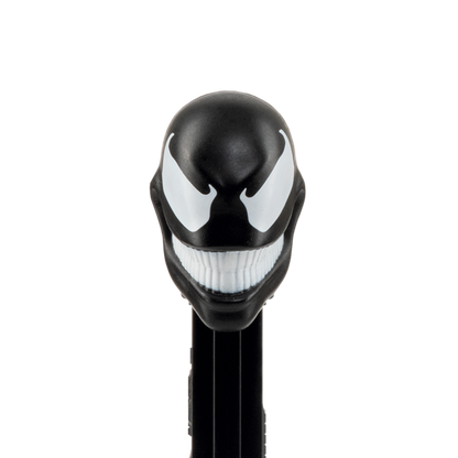 Nahaufnahme des PEZ-Spenders von Venom mit schwarzem Kopf, weißen Augen und spitzer Zunge.