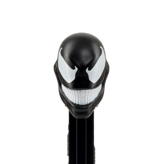 Nahaufnahme des PEZ-Spenders von Venom mit schwarzem Kopf, weißen Augen und spitzer Zunge.