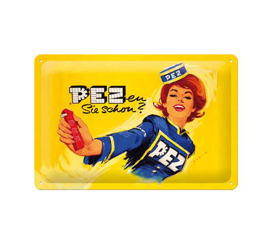 PEZ Retro Blechschild mit dem Aufdruck "PEZen Sie schon?"