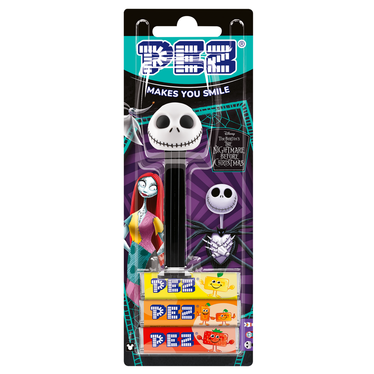 Blisterverpackung des PEZ-Spenders von Jack Skellington inklusive drei PEZ-Bonbonrollen und passendem Design mit „The Nightmare Before Christmas“-Logo.