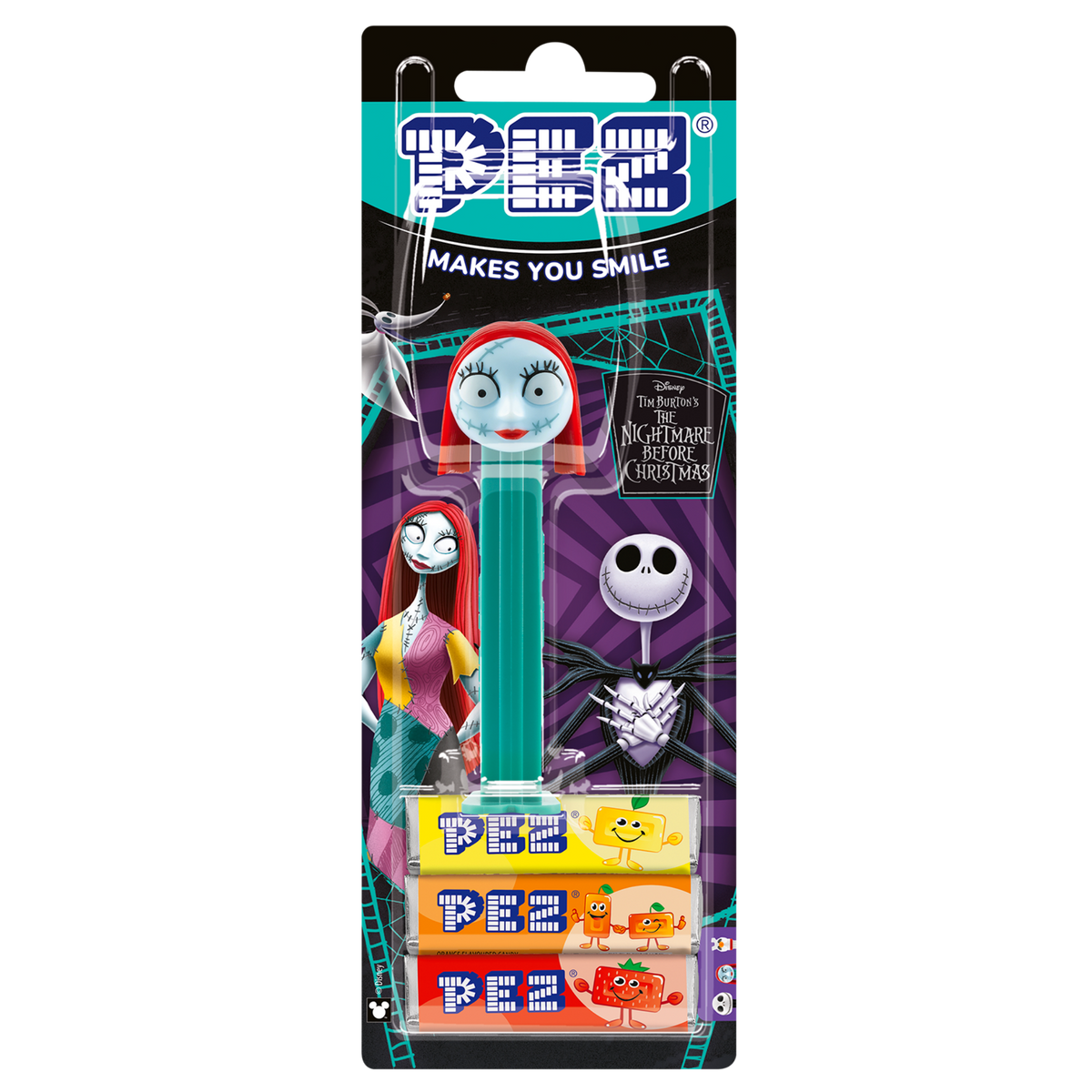Originale Verkaufspackung (Blisterkarte) des PEZ-Spenders von Sally mit drei ungeöffneten PEZ-Bonbonpackungen am unteren Ende.