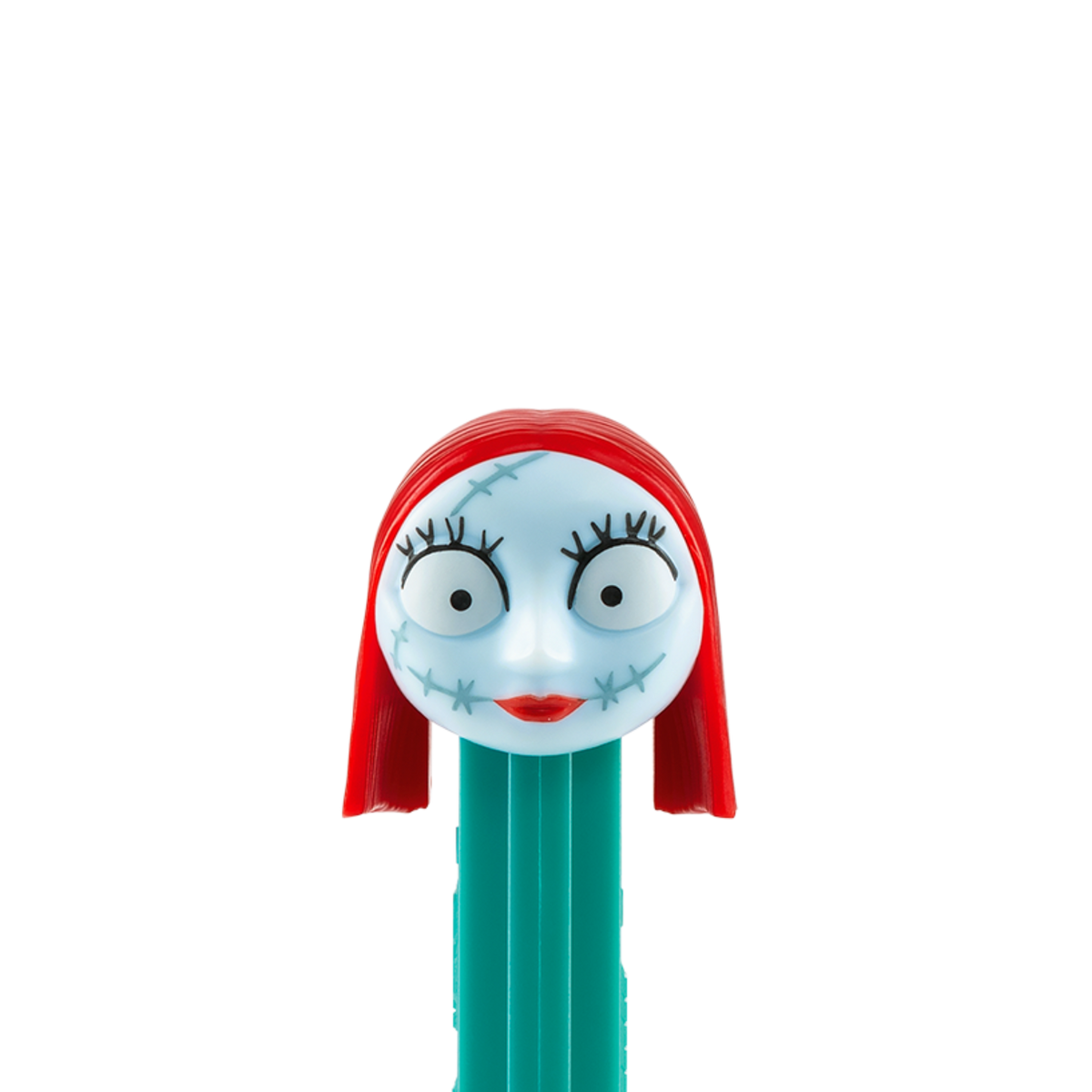 Detailaufnahme des PEZ-Spenders von Sally mit hellblauem Gesicht, roten Haaren, aufgemalten Nähten und großen Augen auf türkisfarbenem Spenderschaft.