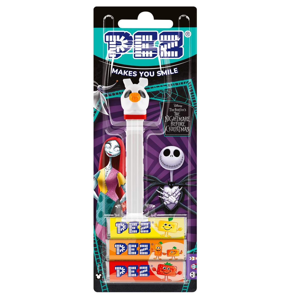 Original verpackter PEZ-Spender von Zero mit drei PEZ-Bonbonpackungen in einer bunten Blisterkarte mit Film-Motiven von Sally und Jack Skellington.