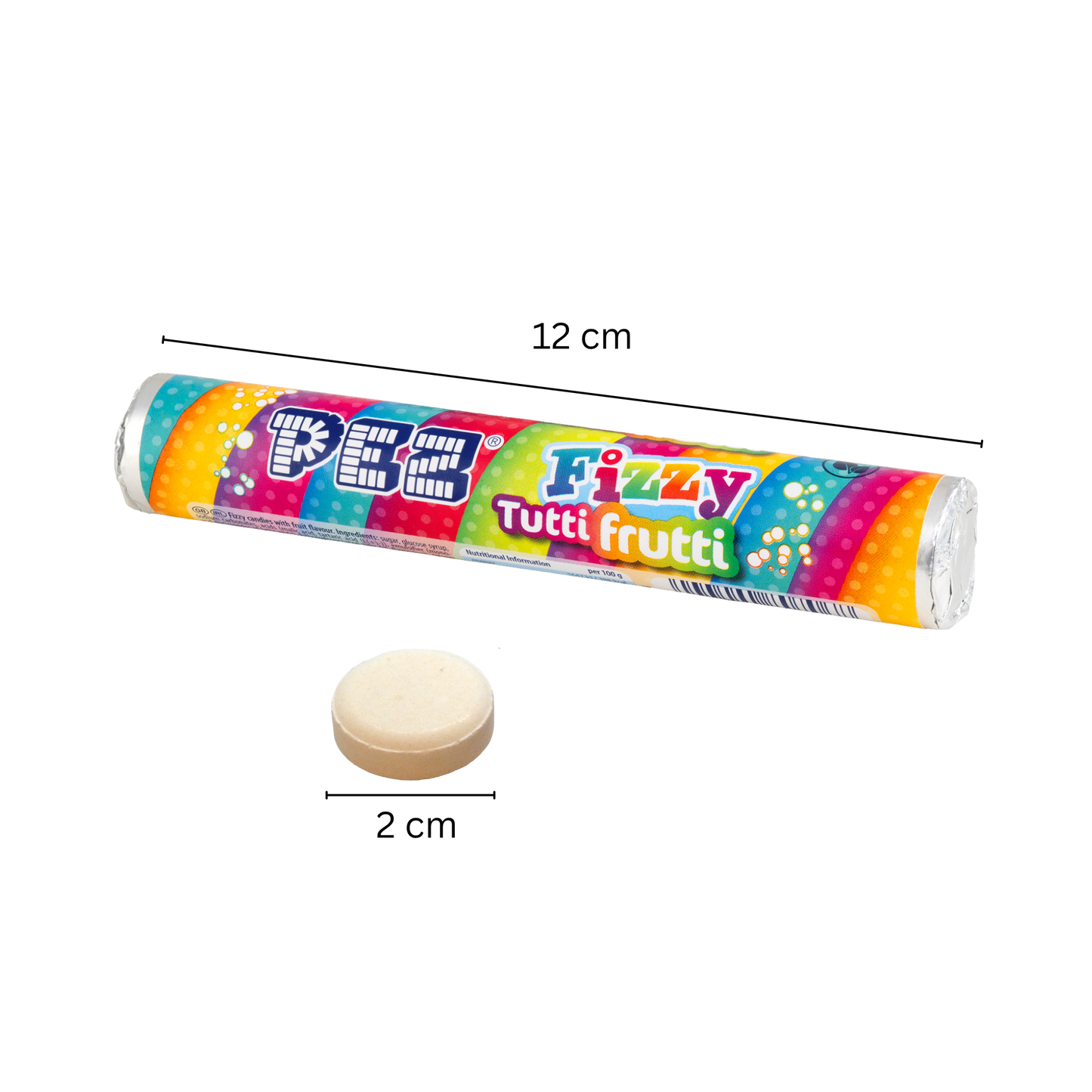 Bunte Rolle PEZ Fizzy Tutti Frutti Bonbons mit farbenfrohem Streifendesign in Blau, Pink, Orange und Grün; Aufdruck ‚PEZ‘ sowie ‚Fizzy Tutti Frutti‘. Maße der Verpackung in der Länge: 12cm, Maße eines einzelnen Bonbons im Durchmesser: 2cm.