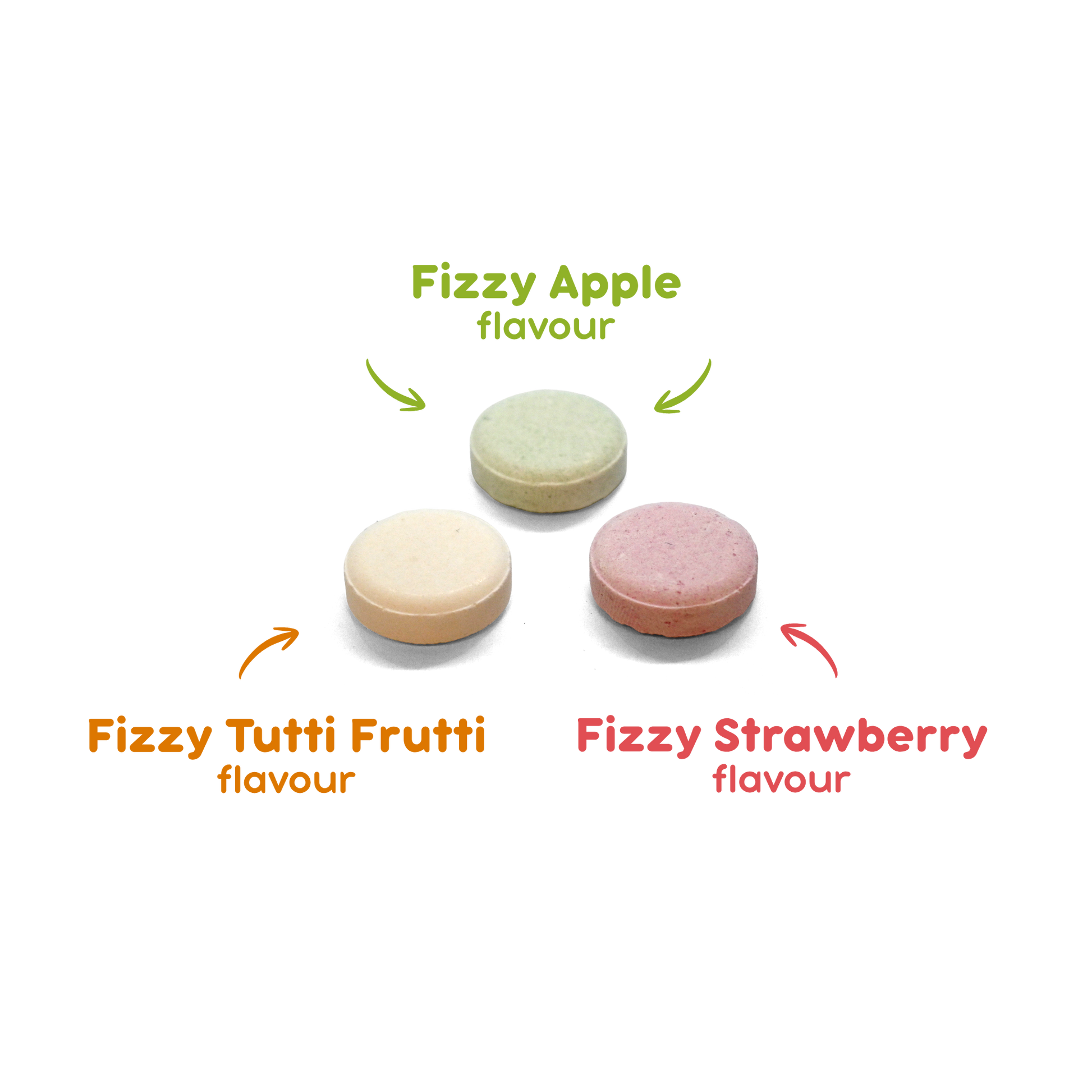 Runde PEZ Bonbons in den Geschmacksrichtungen Fizzy Apfel (hellgrüner Farbton), Fizzy Erdbeere (hellroter Farbton) und Fizzy Tutti Frutti (helloranger Farbton)