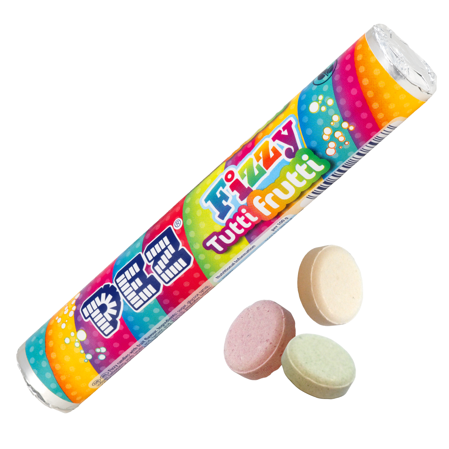 Bunte Rolle PEZ Fizzy Tutti Frutti Bonbons mit farbenfrohem Streifendesign in Blau, Pink, Orange und Grün; Aufdruck ‚PEZ‘ sowie ‚Fizzy Tutti Frutti‘.