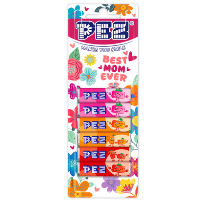 PEZ Bonbons für den Muttertag. Verpackung ist ein buntes fröhliches Blumendesign mit der Aufschrift "Best Mom Ever"