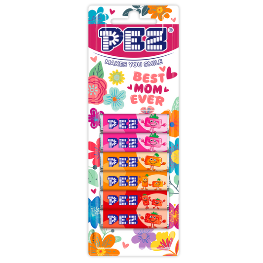 PEZ Bonbons für den Muttertag. Verpackung ist ein buntes fröhliches Blumendesign mit der Aufschrift "Best Mom Ever"
