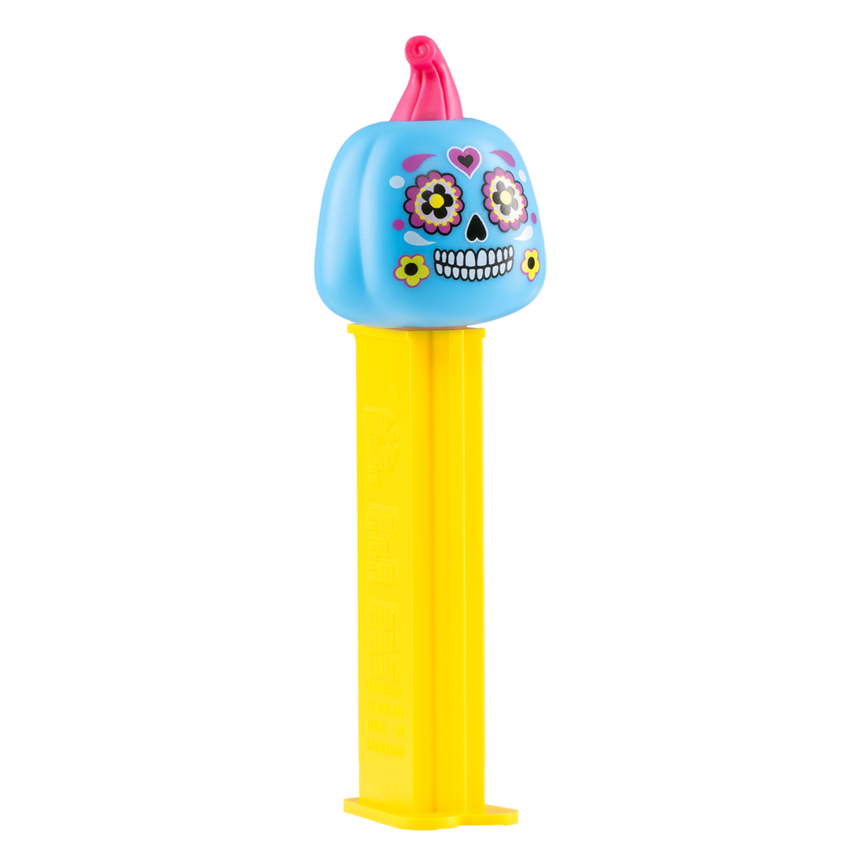 Seitenansicht des PEZ-Spenders 'Día de los Muertos' mit dem gelben Spenderstiel.