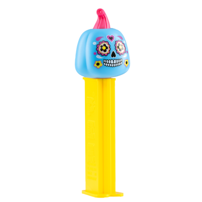 Seitenansicht des PEZ-Spenders 'Día de los Muertos' mit dem gelben Spenderstiel.