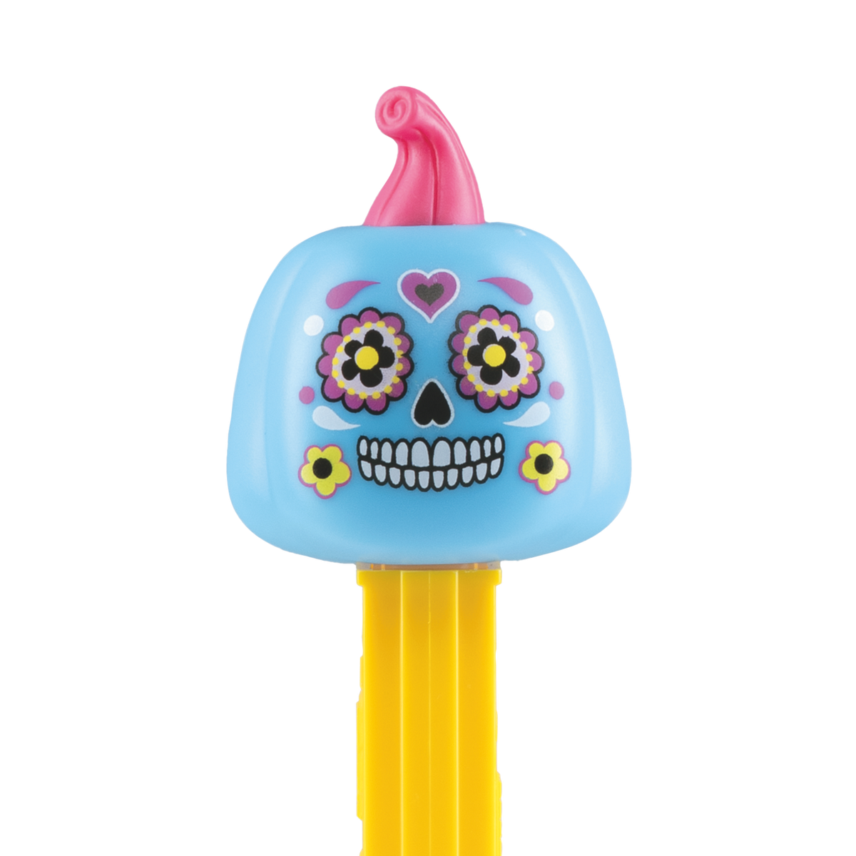 Detailansicht des PEZ-Spenders 'Día de los Muertos': Ein hellblauer Kürbis mit pinkem Stiel, verziert mit kunstvollen Totenkopf-Bemalungen, bunten Blumen um die Augen und einem gelben Spenderkörper.