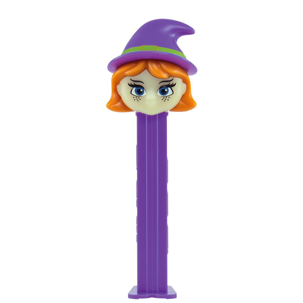 Vorderansicht des PEZ-Spenders 'Hexe Glow in the Dark' mit komplettem violetten Spenderkörper vor schwarzem Hintergrund.
