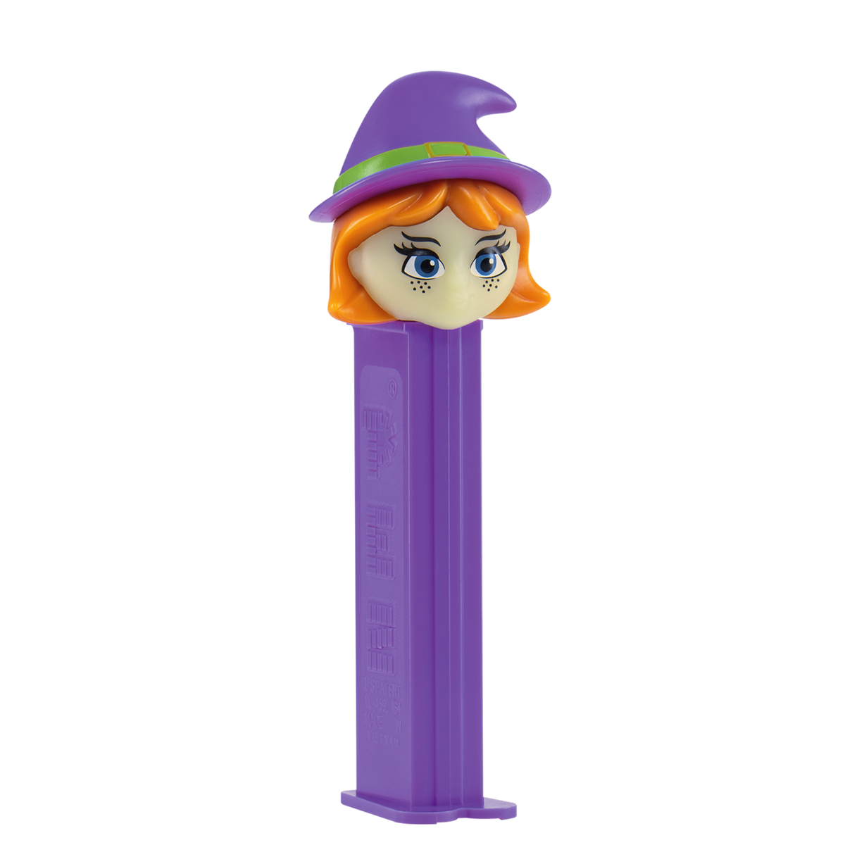 Seitenansicht des PEZ-Spenders 'Hexe Glow in the Dark' mit dem violetten Spenderstiel.