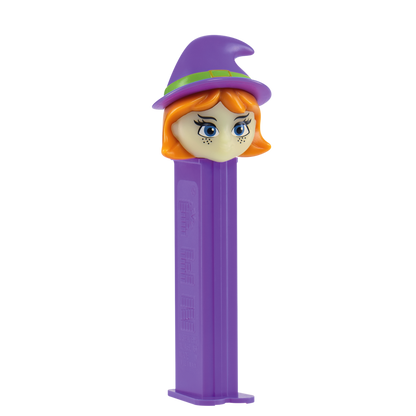 Seitenansicht des PEZ-Spenders 'Hexe Glow in the Dark' mit dem violetten Spenderstiel.