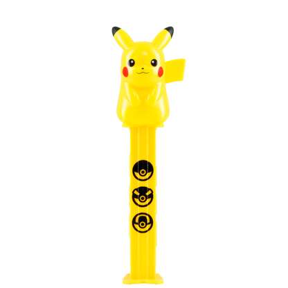 Gelber Pikachu PEZ-Spender mit drei aufgedruckten schwarzen Pokébällen auf dem Schaft, freigestellt auf schwarzem Hintergrund.