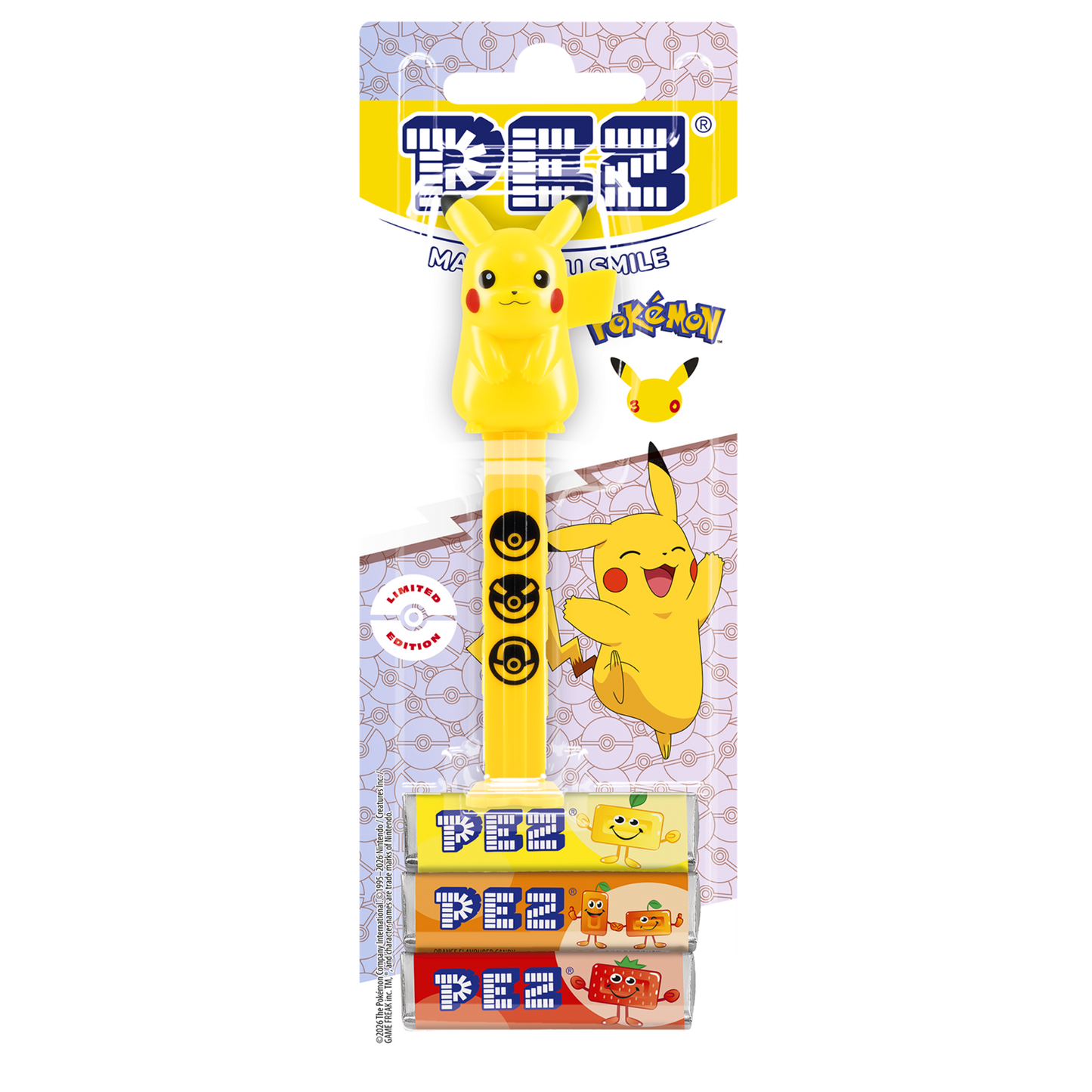 Originalverpackter, gelber Pikachu PEZ-Spender mit drei Pokébällen, befestigt auf einer Blisterkarte mit Pokémon-Grafiken.