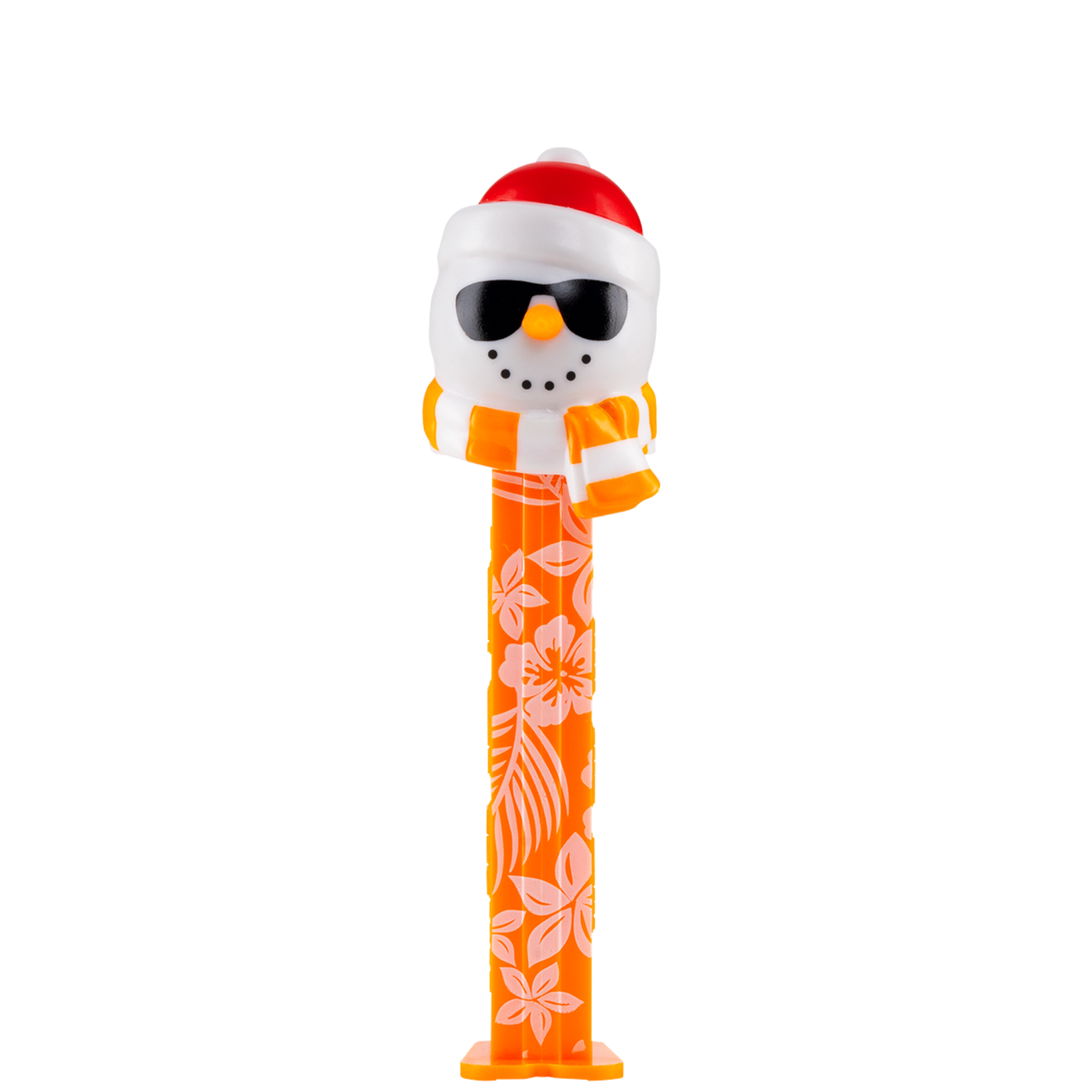 PEZ Spender von Sommer Schneemann mit roter Weihnachtsmütze, Sonnenbrille & Schal von vorne.