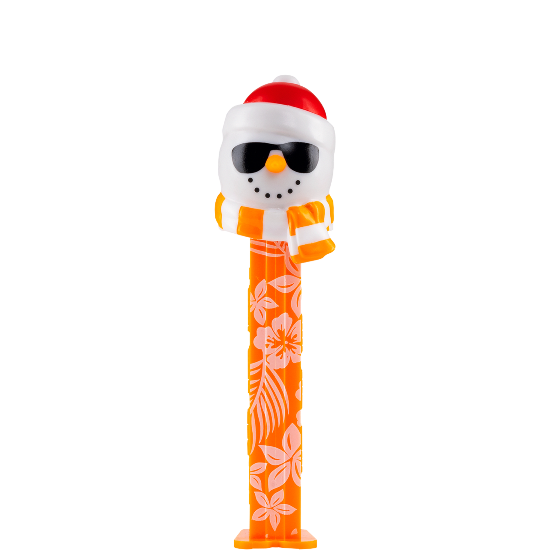 PEZ Spender von Sommer Schneemann mit roter Weihnachtsmütze, Sonnenbrille & Schal von vorne.